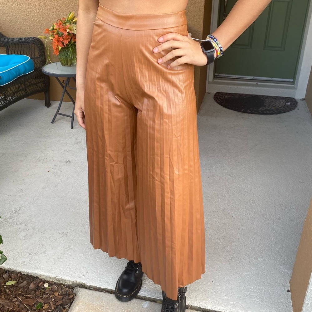 Shein Womens Faux Leather Ruffle Pleated Pants Brown Size S